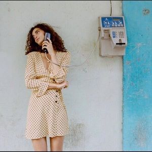 Faithfull the Brand tan mini polka dot dress